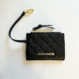 Steve Madden Coin Purse Quilted Black Faux Leather with Strap Small Wallet